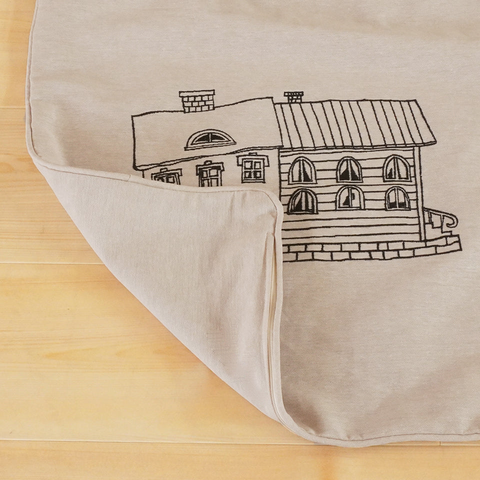 綿100％ 年中使える北欧ナチュラル モノトーンハウス柄｜刺繍クッションカバー　ハウス｜表地・裏地