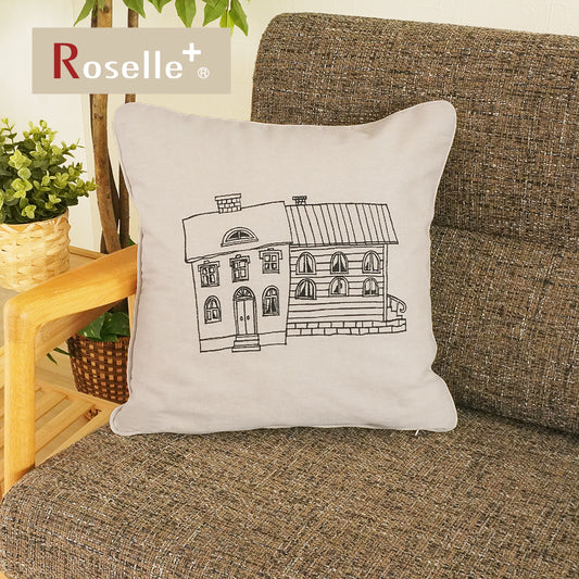 綿100％ 年中使える北欧ナチュラル モノトーンハウス柄｜刺繍クッションカバー　ハウス-1