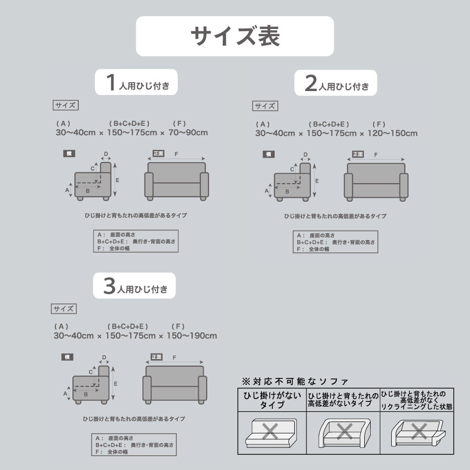 シルキーソファカバー 肘ありのサイズ表