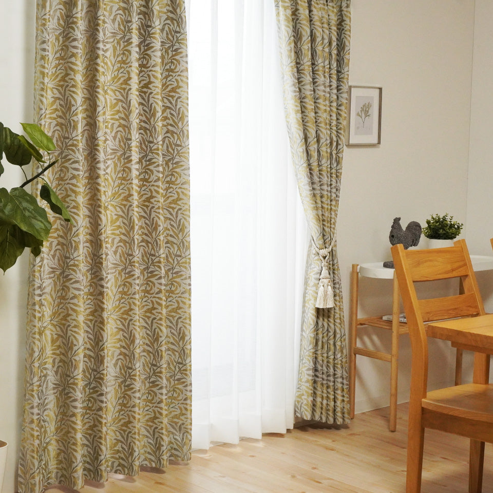 ウィリアム・モリス風ジャガード草木柄デザインカーテン ベージュ フリンジタッセル