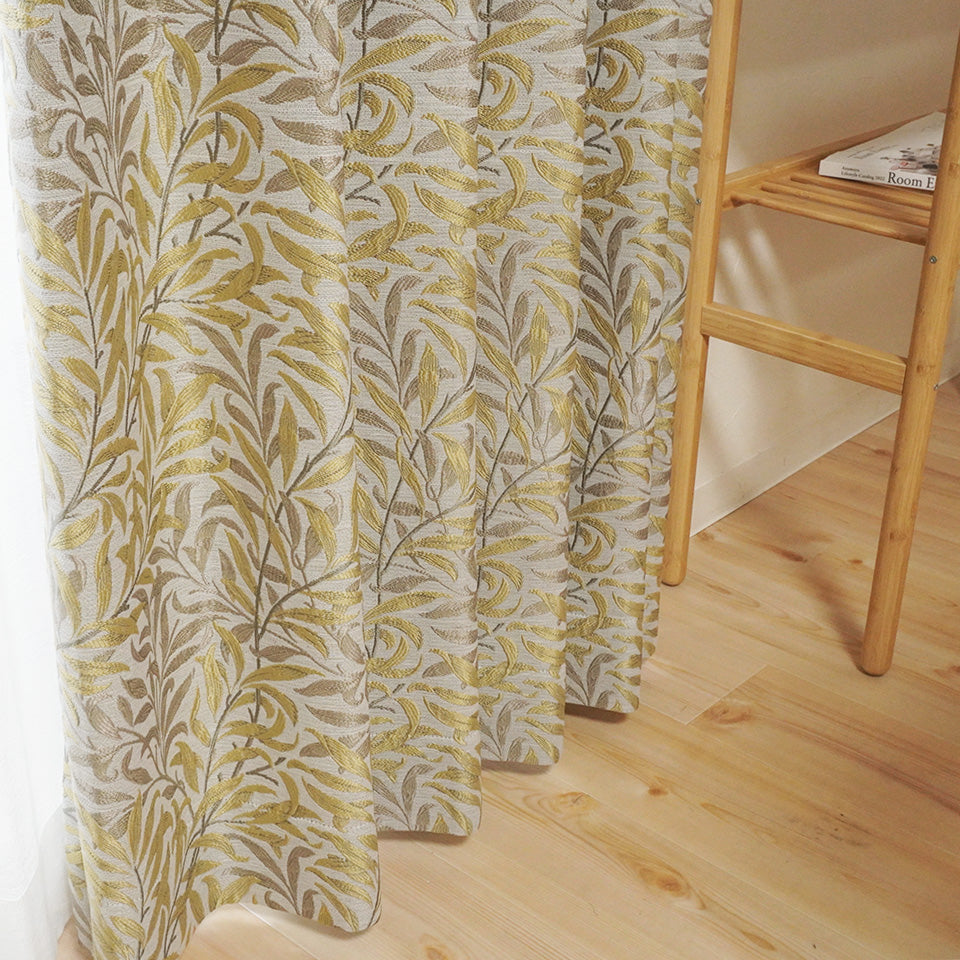 ウィリアム・モリス風ジャガード草木柄デザインカーテン ベージュ 形状安定加工