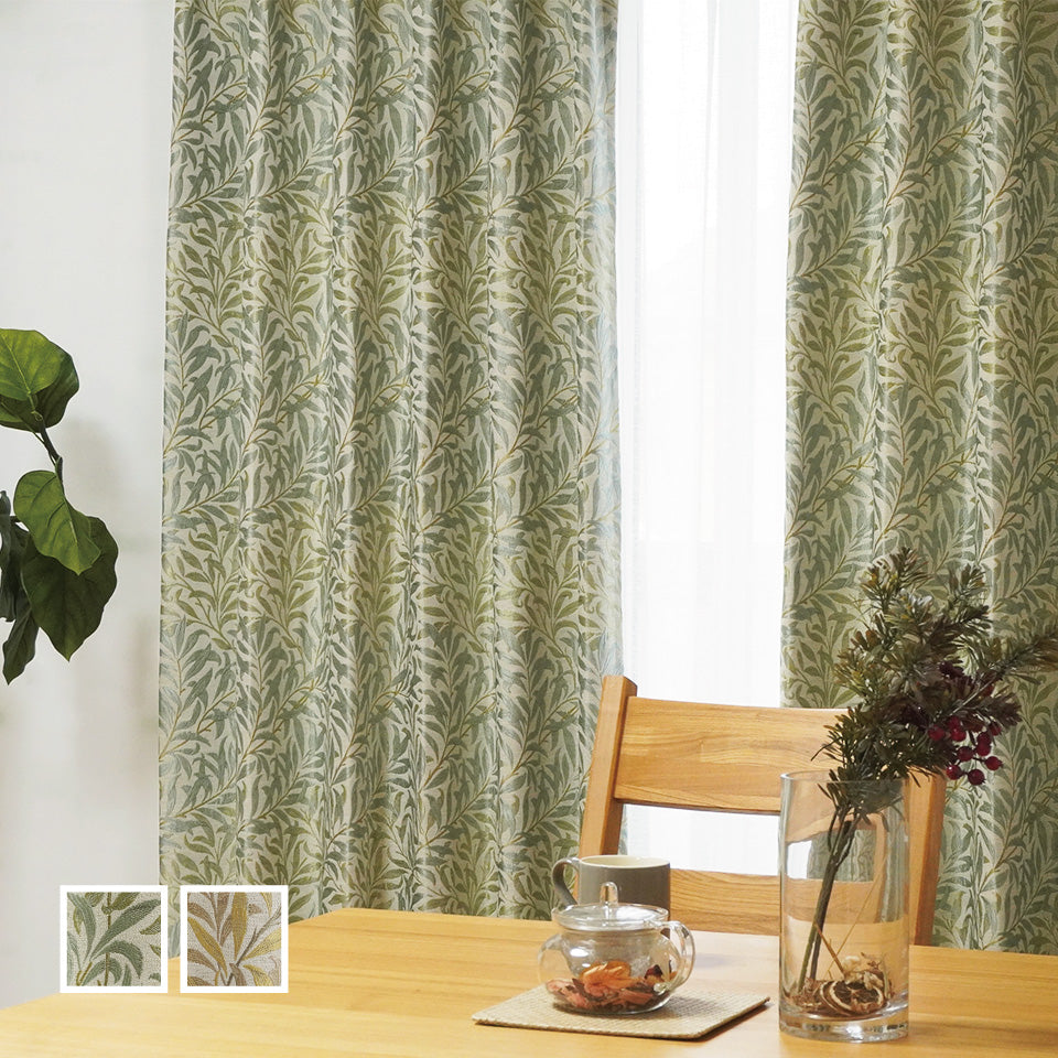 ウィリアム・モリス風ジャガード草木柄デザインカーテン グリーン 