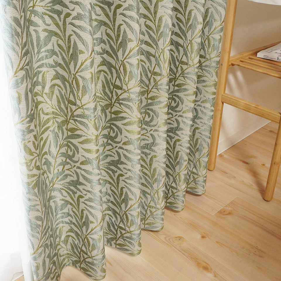 ウィリアム・モリス風ジャガード草木柄デザインカーテン グリーン 形状安定加工